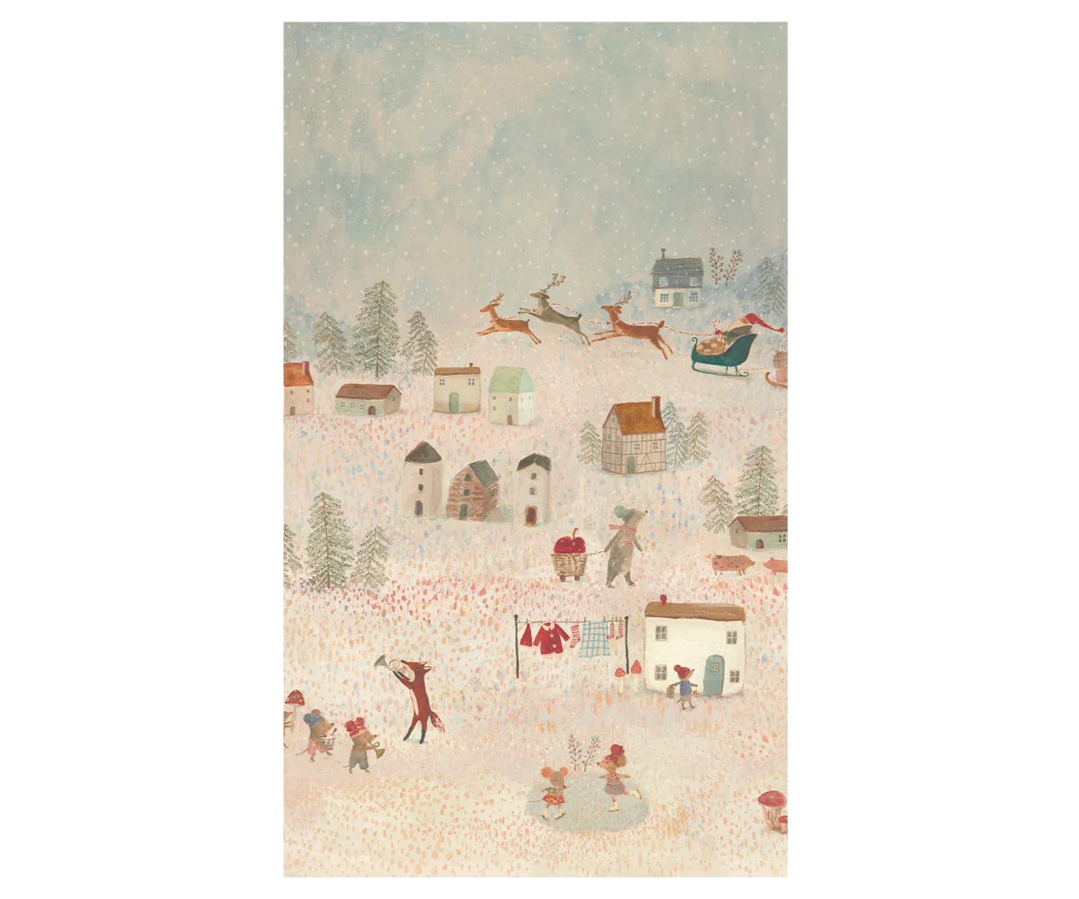 Maileg Christmas gift wrap showing an lilustration of a snowy village scene with houses, trees, animals and santa's sleight