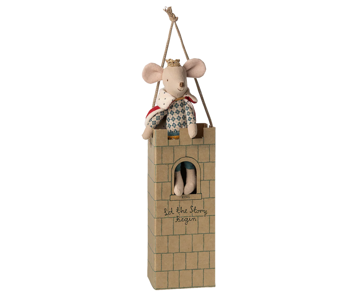 maileg king Stuffed mouse in a small tower with a white background
