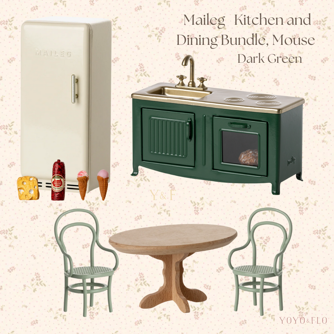 Collage of miniature kitchen and dining set with refrigerator, sink, stove, table, and chairs on a floral background.