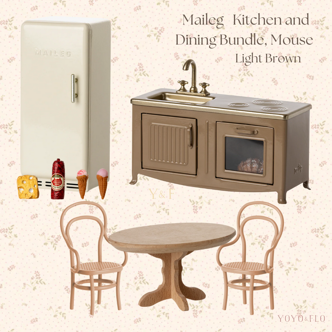 Maileg kitchen and dining bundle with refrigerator, sink, table, and chairs on a floral background.
