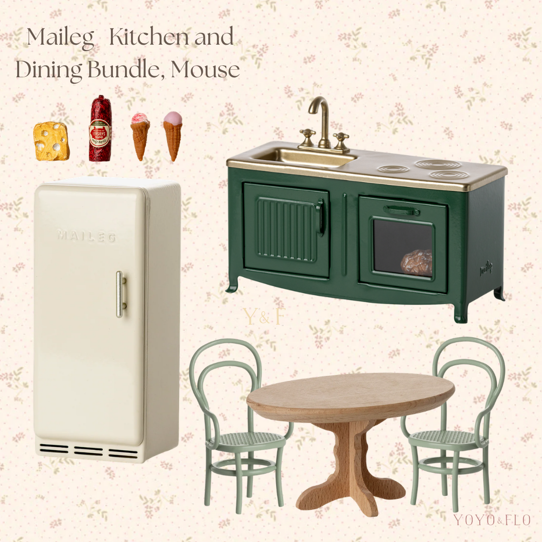 Collage of miniature kitchen and dining set with refrigerator, stove, table, and chairs on a floral background.