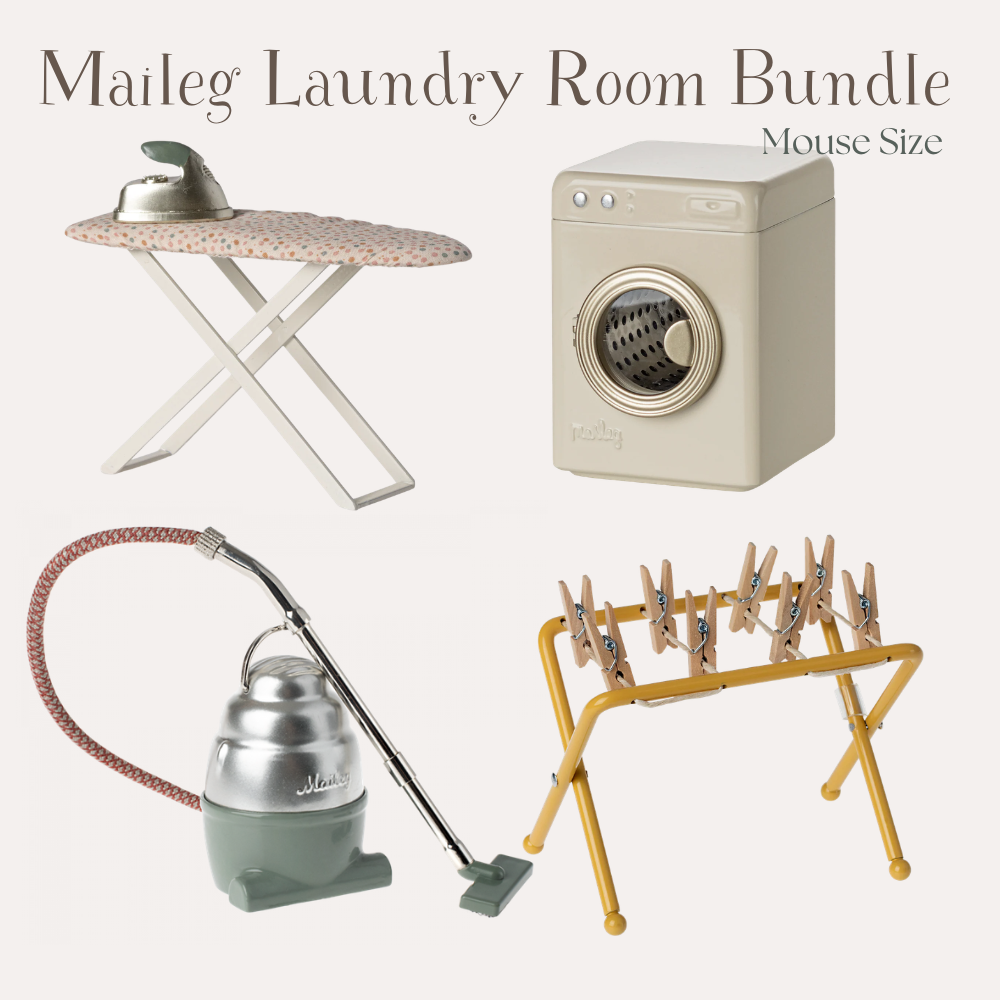 Maileg laundry room bundle including iron, dryer, vacuum, and clothespins on a white background