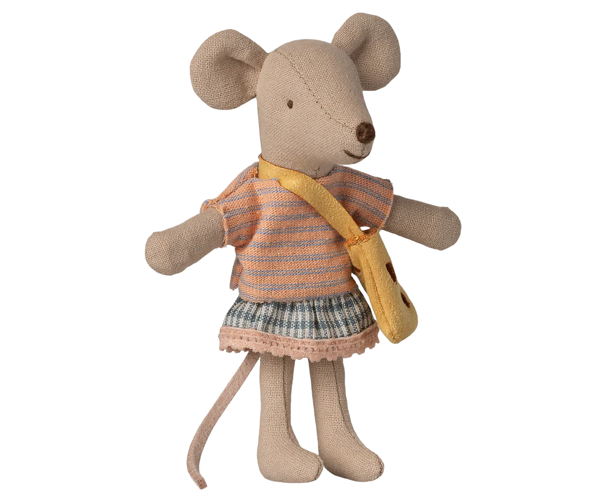 Stuffed maileg mouse toy wearing a striped dress and yellow bag on a white background