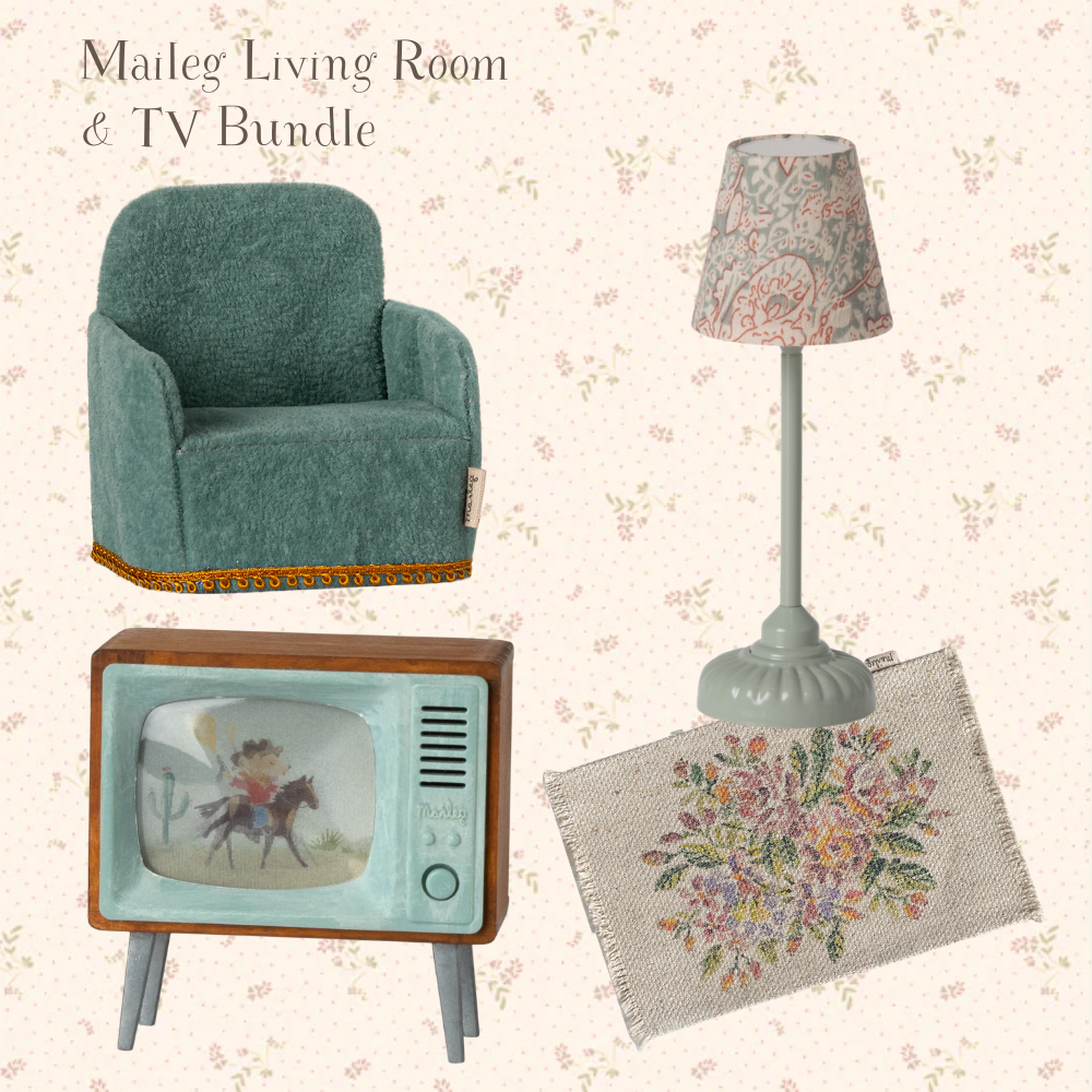 Maileg Living Room & TV Bundle with armchair, lamp, and vintage-style TV on a floral background