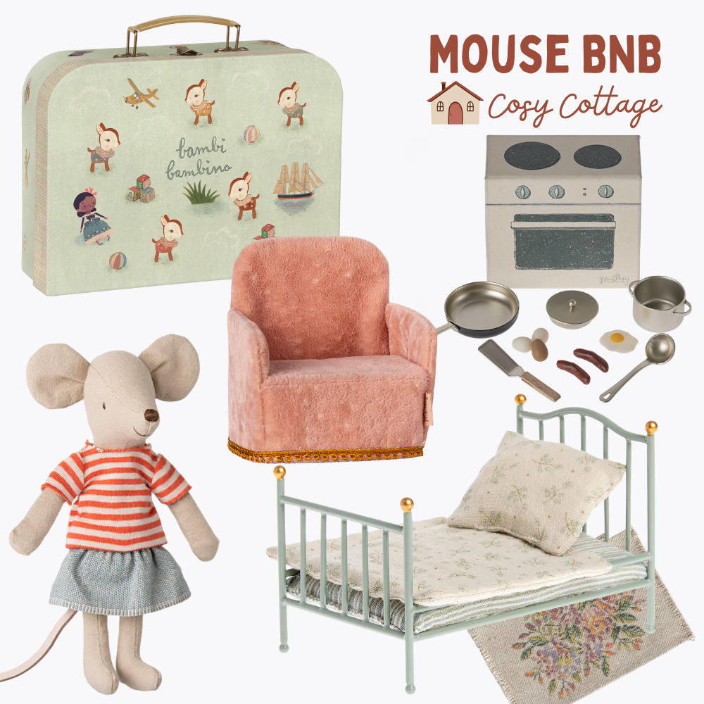 Collection of miniature furniture and items for a 'Mouse BNB Cosy Cottage' theme, including a suitcase, chair, bed, and kitchen set.