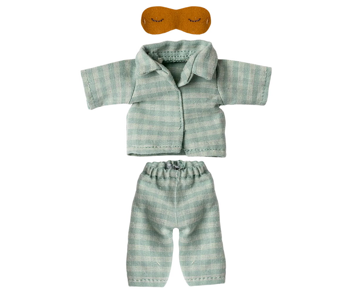 Maileg Striped shirt and pants set with a mask on a white background
