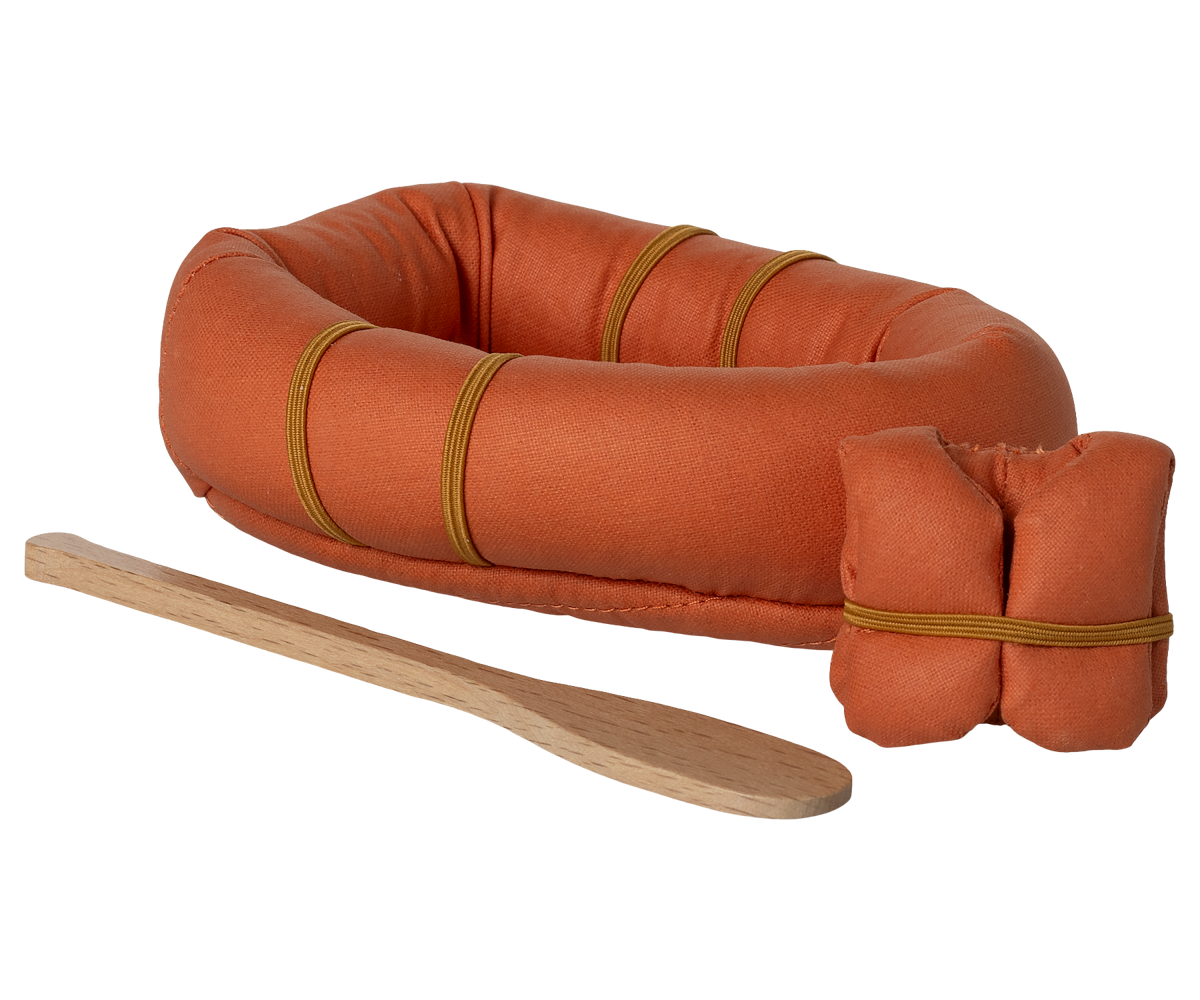maileg miniature Brown inflatable raft with oar on a white background