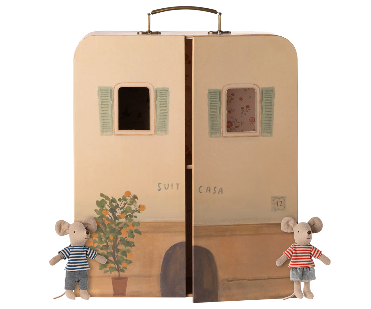 Maileg Toy house made from a cardboard box with two small Maileg mouse figures in front.