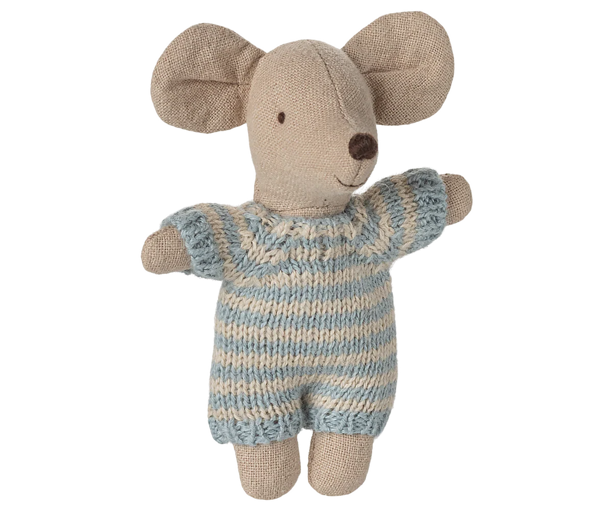 Knitted mouse toy wearing a blue and beige striped sweater on a white background