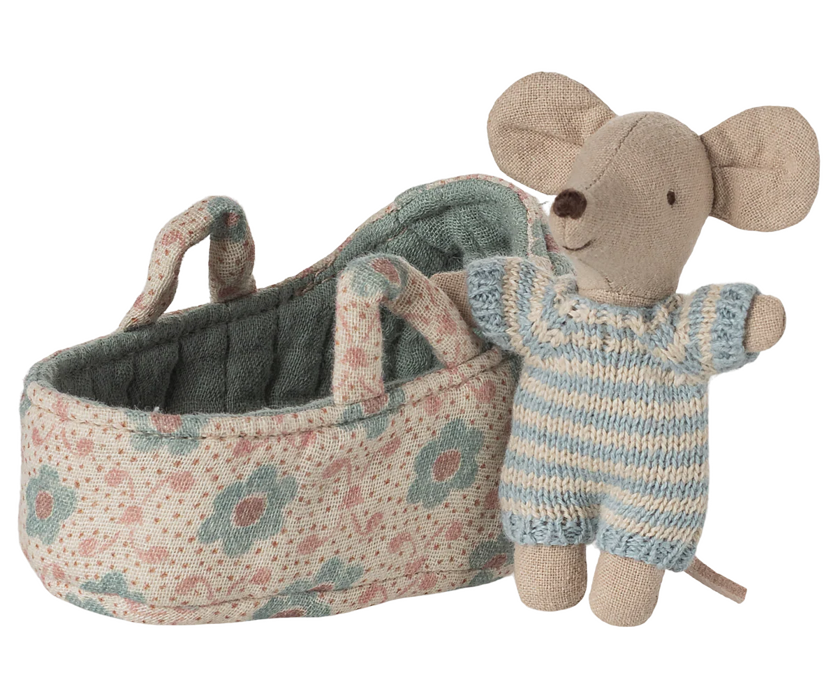 Maileg baby mouse in a carry cot blue