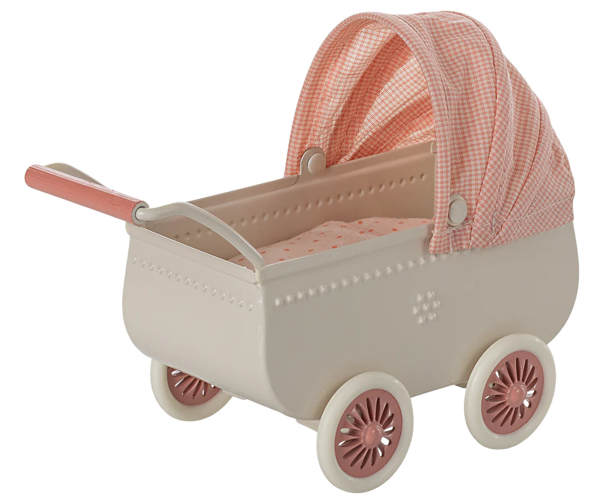 Maileg baby mouse pram coral