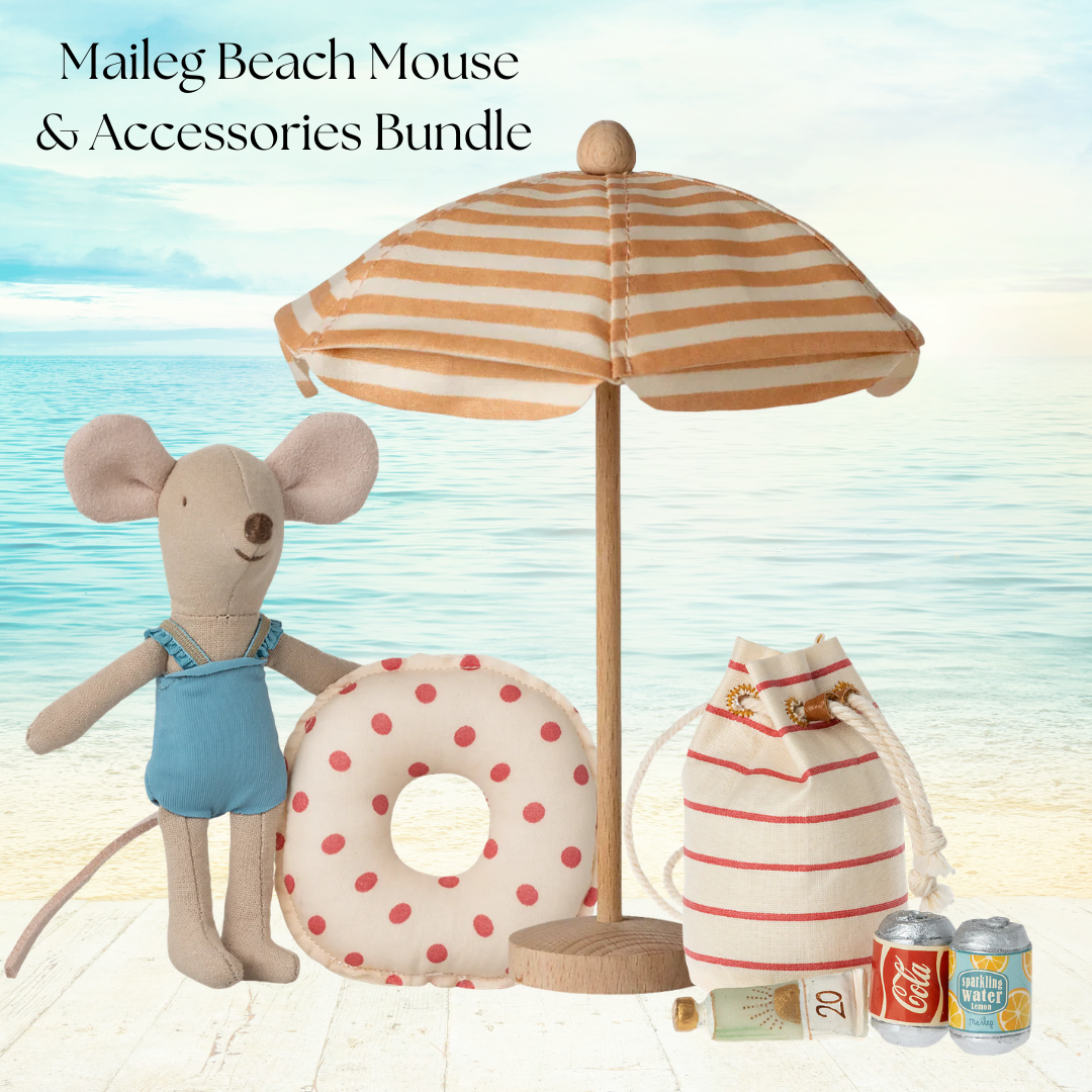 Maileg Beach Mouse and accessories bundle with umbrella, life buoy, bag, and cans on a light blue gradient background.