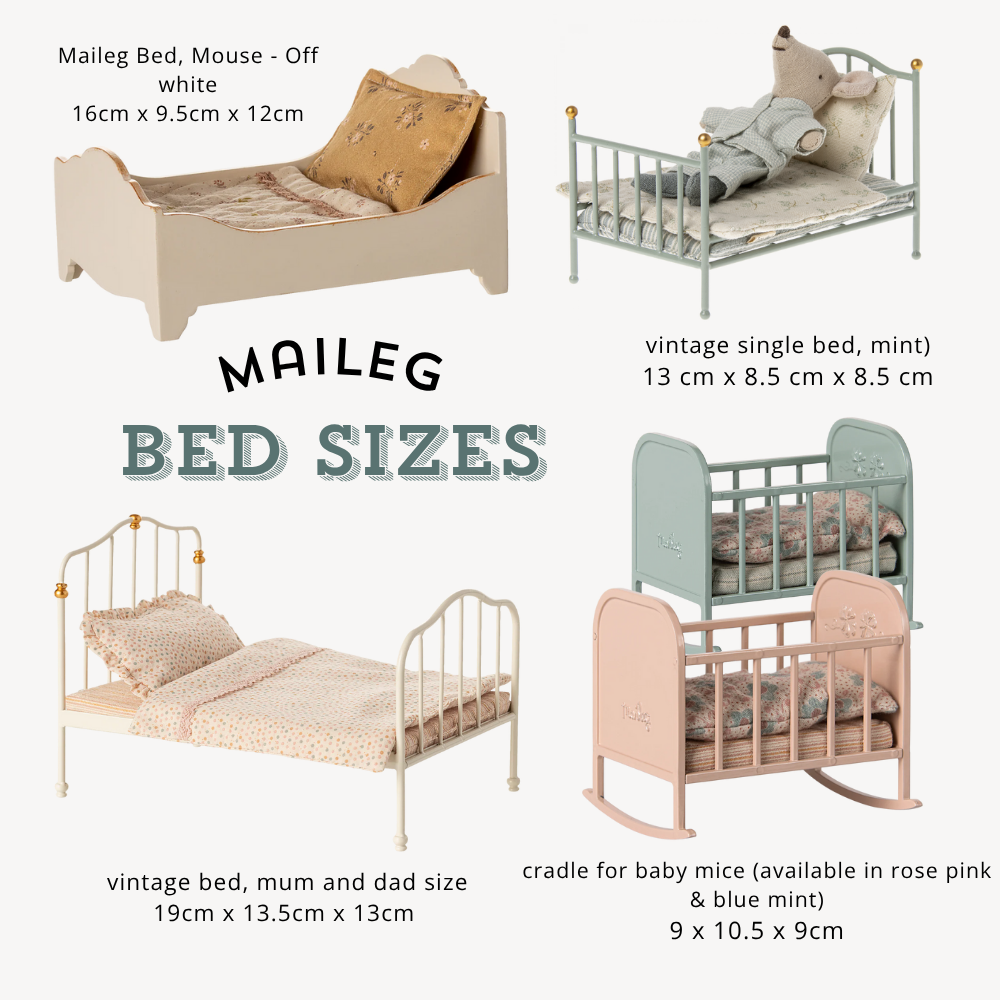 Comparison of Maileg bed sizes with dimensions displayed.