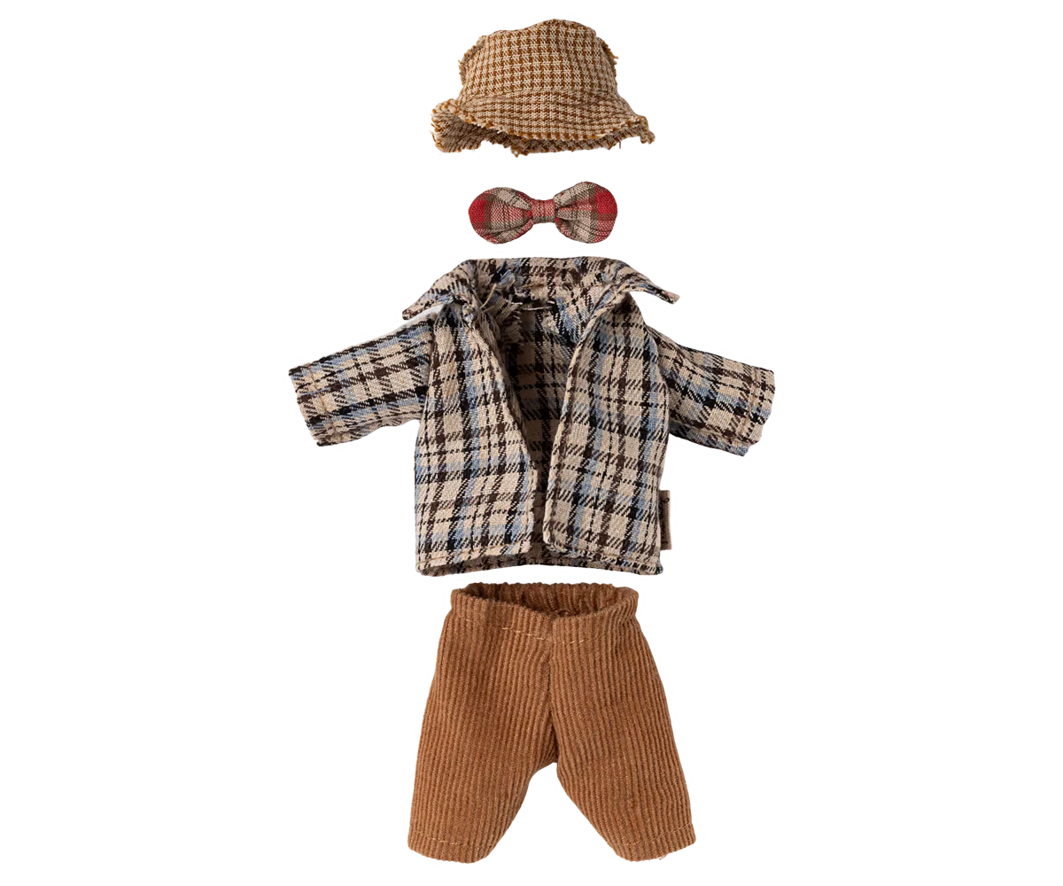 Set of plaid jacket, brown pants, checkered hat, and red bow tie on a white background for a maileg dad size mouse
