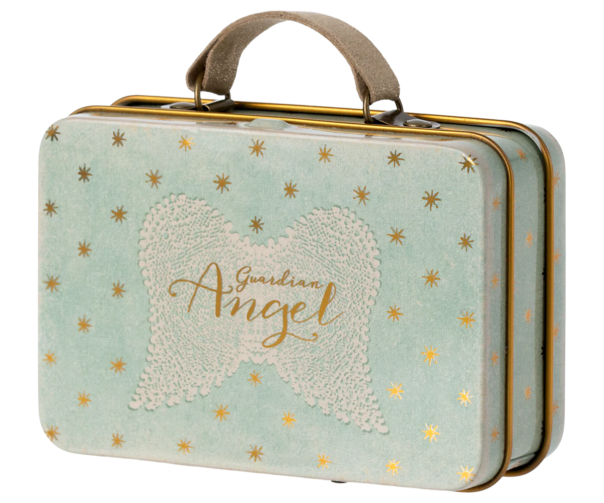 Small suitcase with 'Guardian Angel' design on a light blue background
