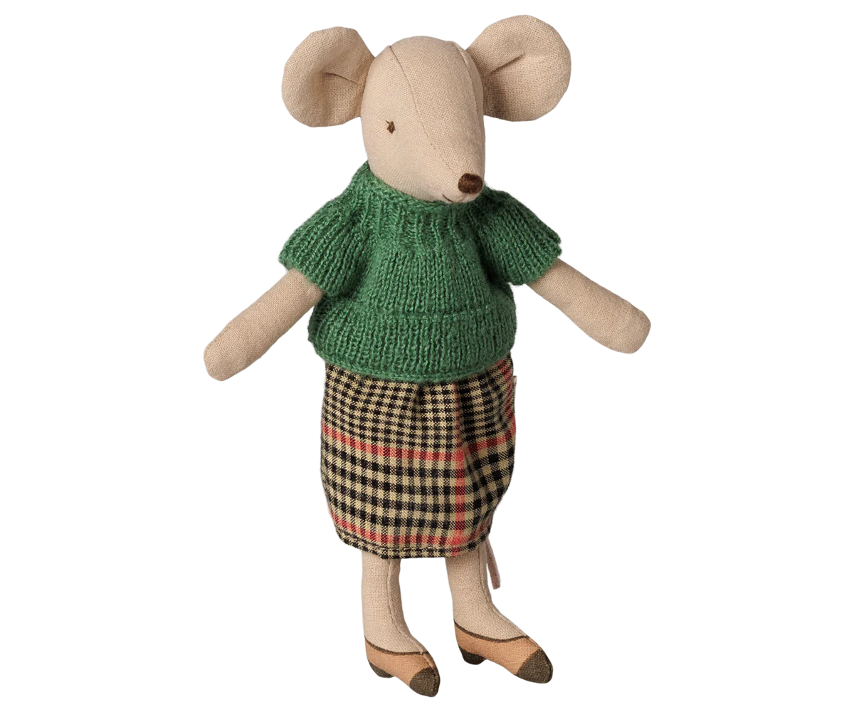 A plush mouse doll with large beige ears and legs, wearing a green knit top and a brown, black, and red plaid skirt, standing against a plain white background.