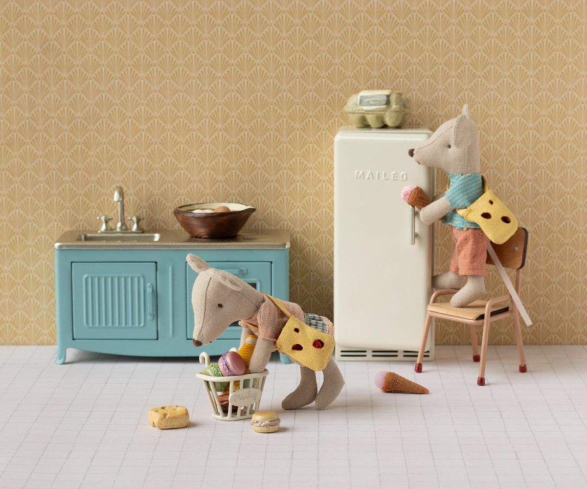 Maileg mice in a kitchen dolls house