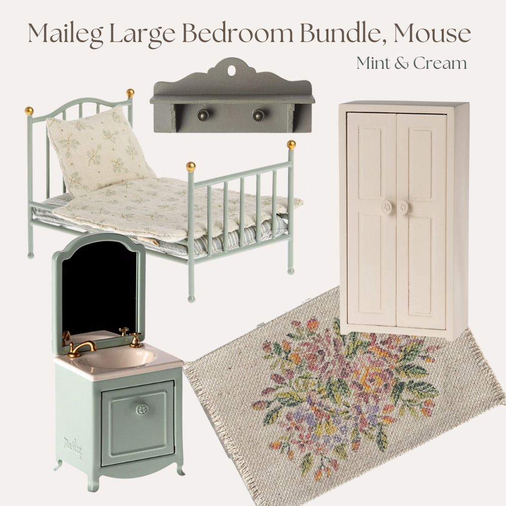 Dollhouse furniture set including a bed, sink, wardrobe, and rug with floral pattern on a white background.