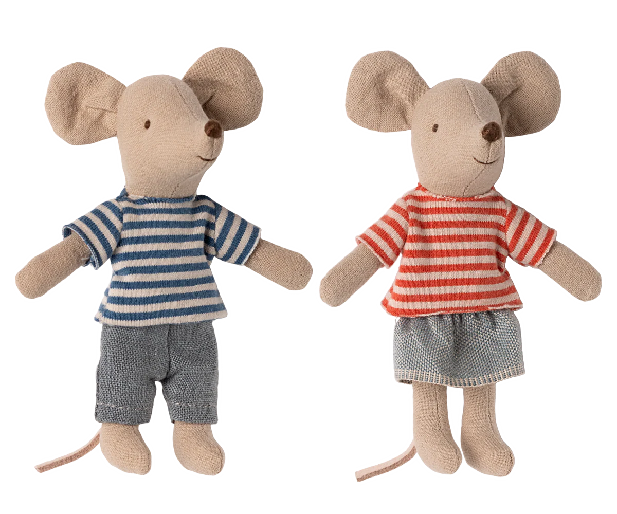 Maileg Two toy mice dressed in striped shirts and shorts on a white background