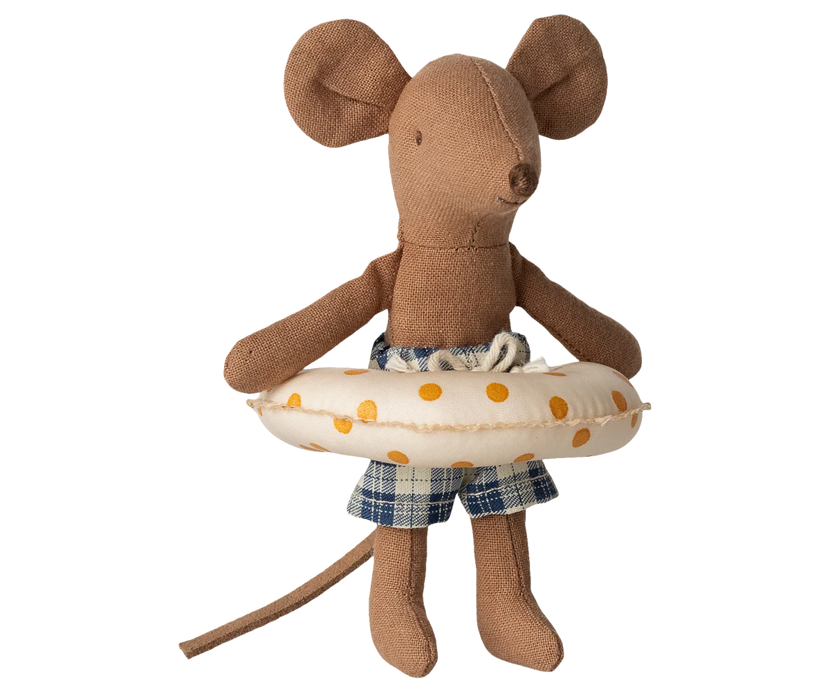 Stuffed maileg mouse toy holding a life buoy on a white background