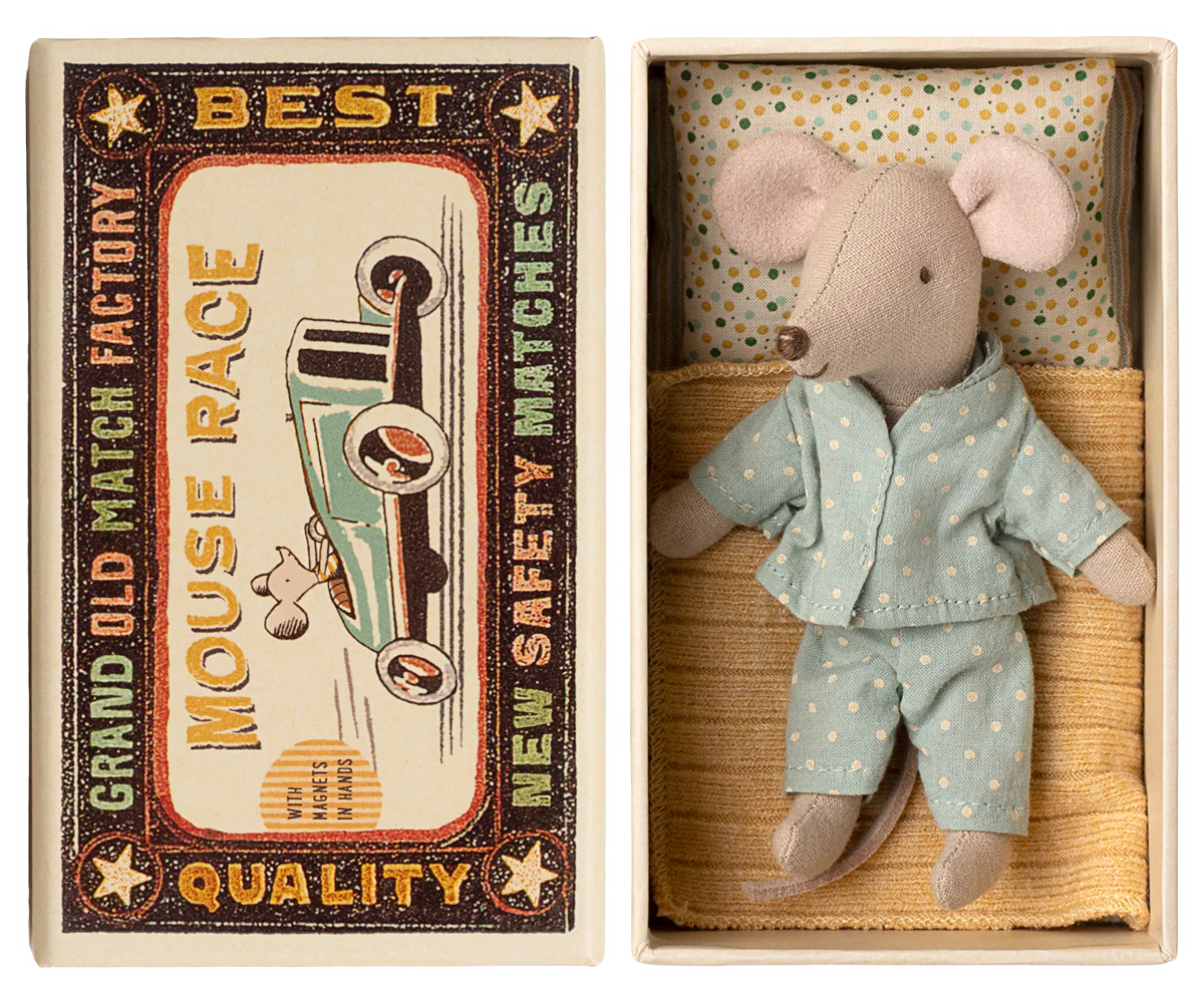 Maileg Stuffed mouse toy in a matchbox with a vintage-style matchbox design.