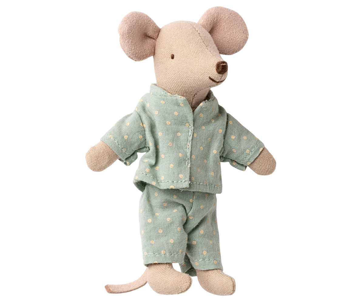 Maileg Stuffed mouse toy wearing a light blue pyjamas with spots os on a white background
