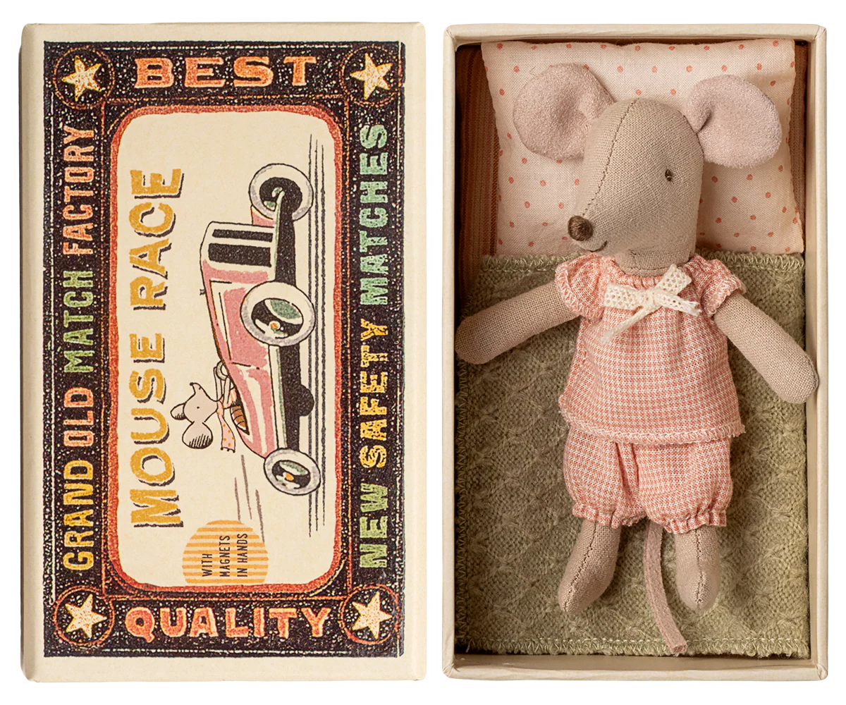 Maileg Stuffed mouse toy in a matchbox with a vintage-style matchbox design.