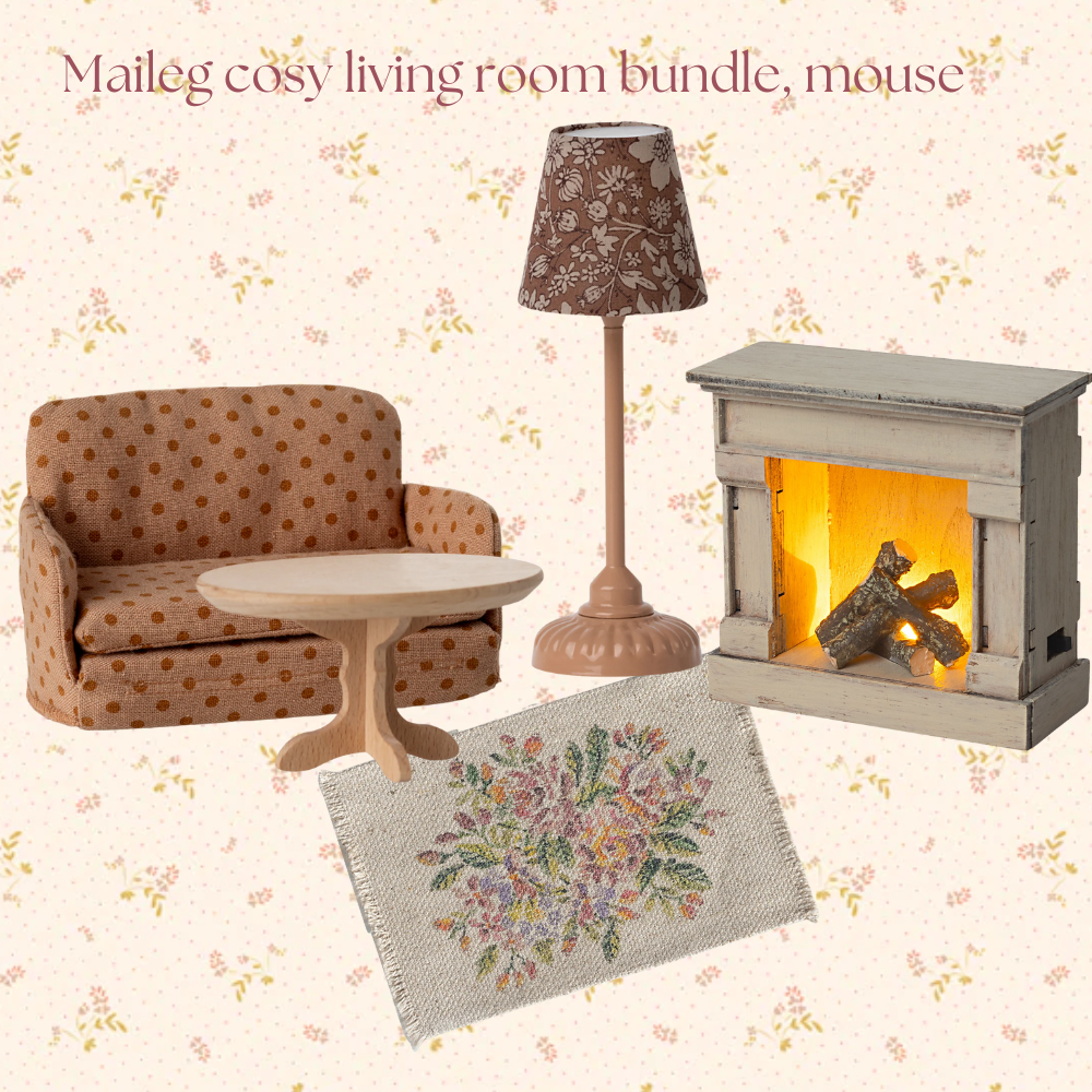 Dollhouse furniture set including a sofa, table, lamp, and fireplace on a floral patterned background.