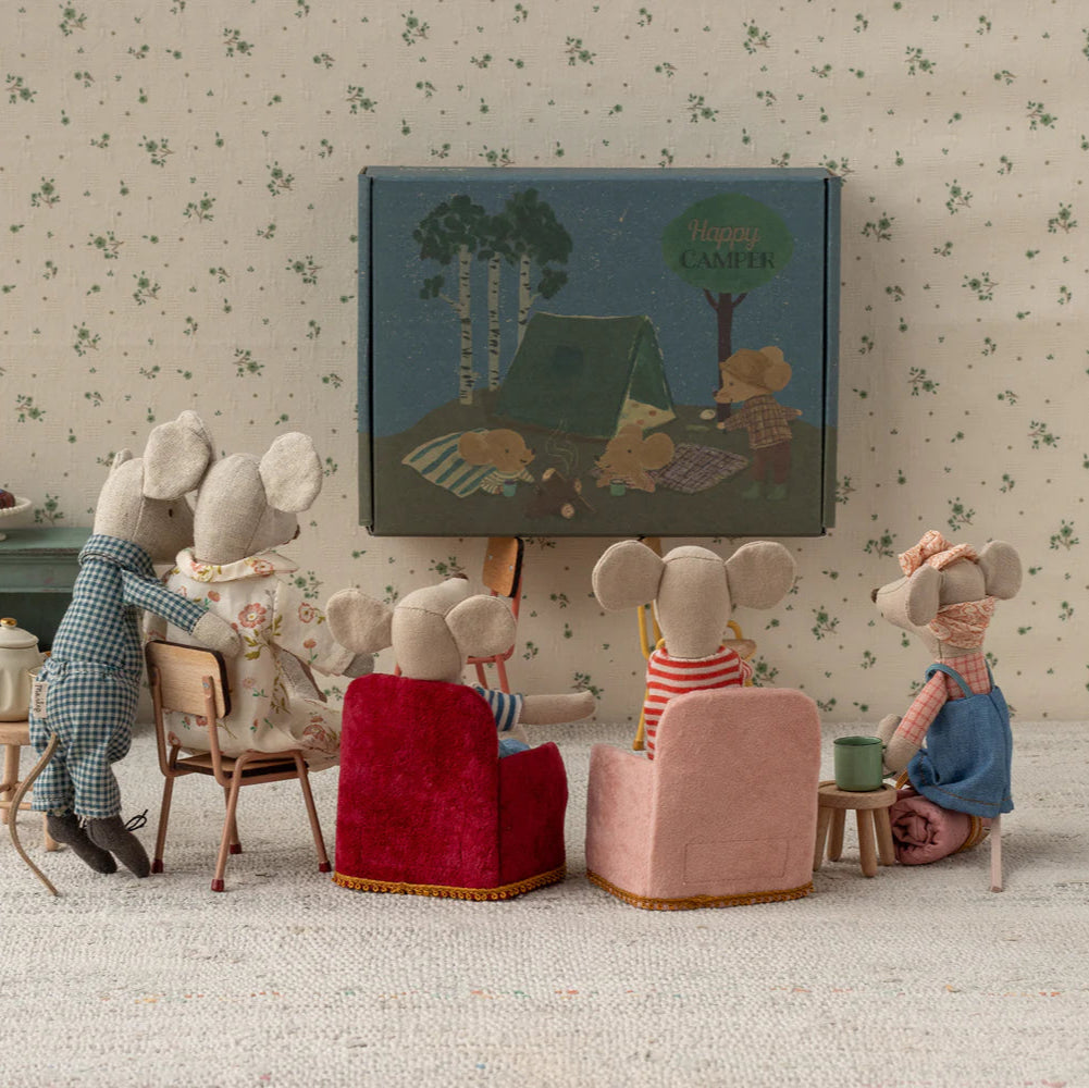 Maileg mice watching TV in armchairs