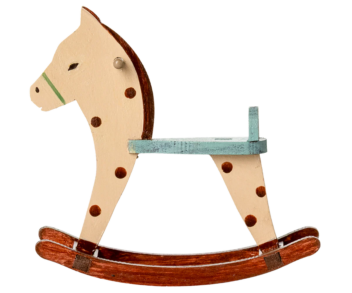 Maileg miniature dolls house Wooden rocking horse with a white face and brown body on a white background