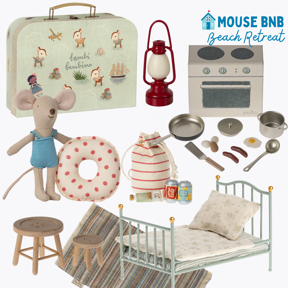 Collection of miniature furniture and toys with 'Mouse BNB Beach Retreat' branding.
