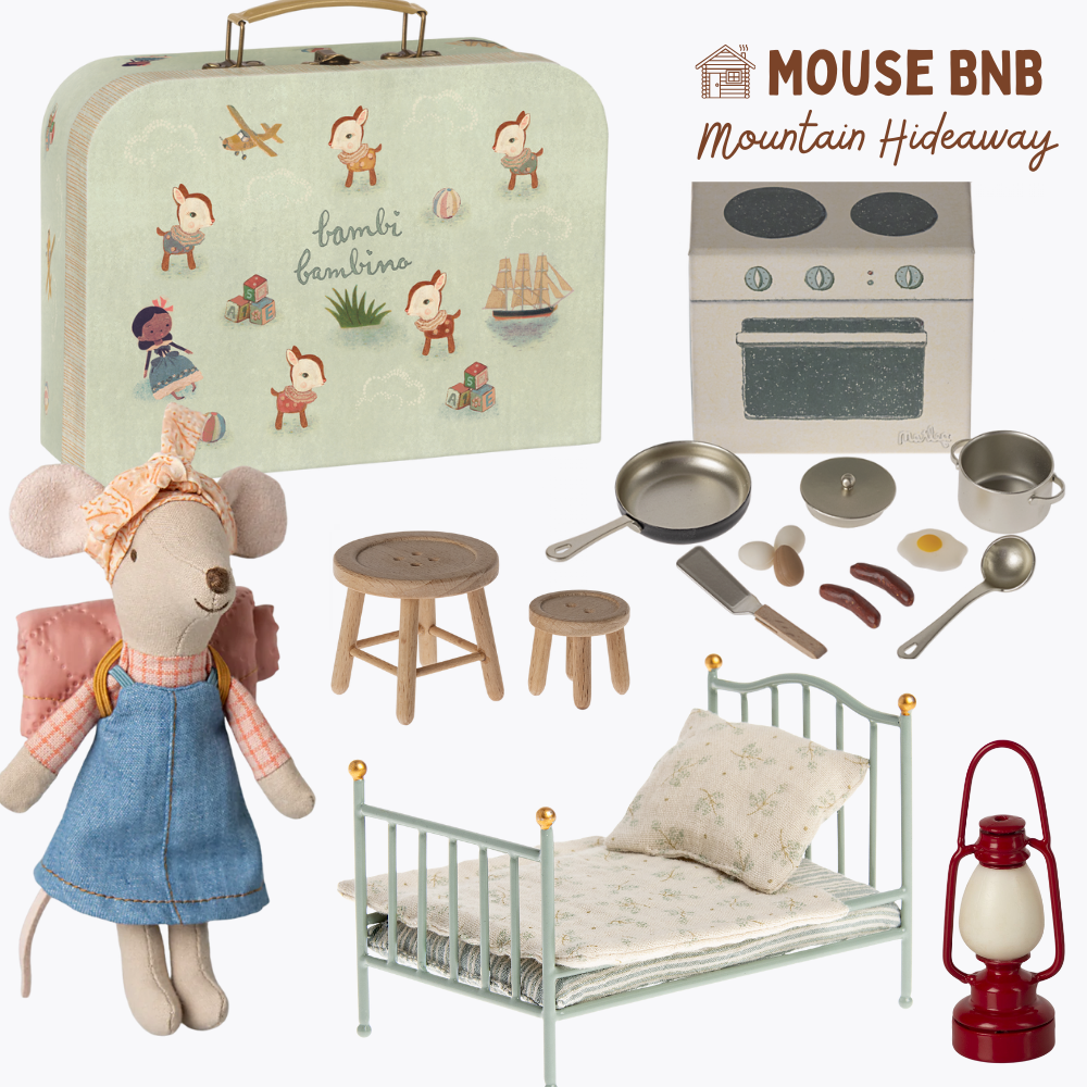 Collage of toy mouse with accessories, including a suitcase, stove, and bed, from Mouse BNB.