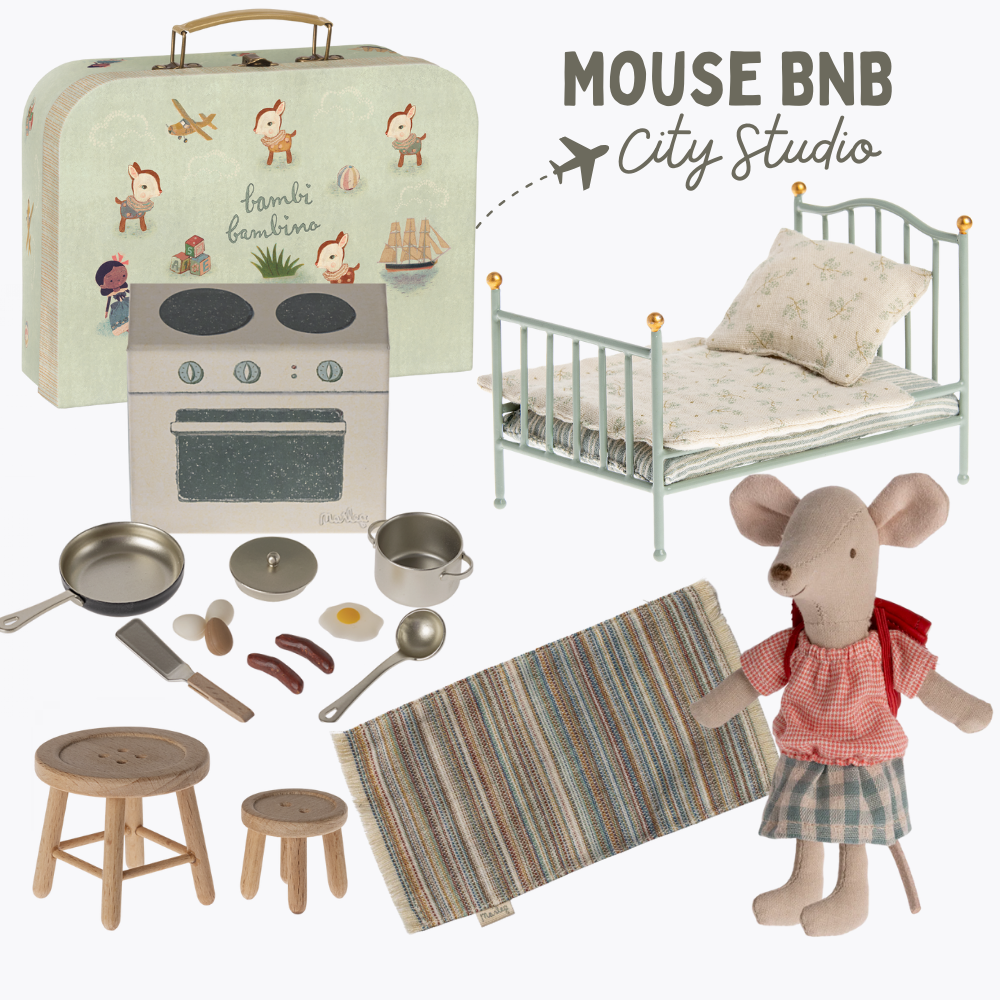 Collection of toy furniture and accessories including a suitcase, stove, bed, and mouse figure with 'Mouse BNB City Studio' branding.