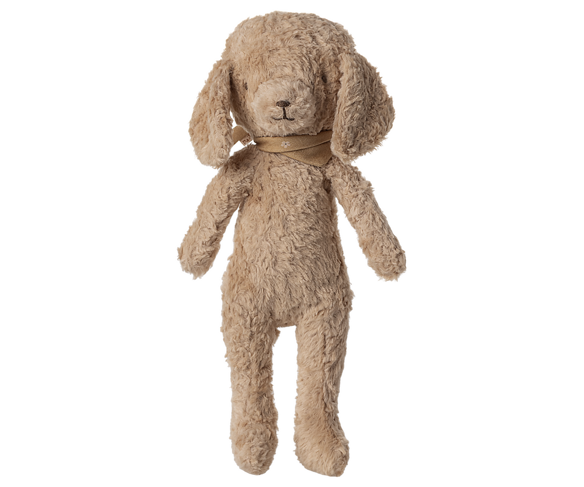Maileg plush  stuffed dog toy in dusty powder wearing a scarf on a white background