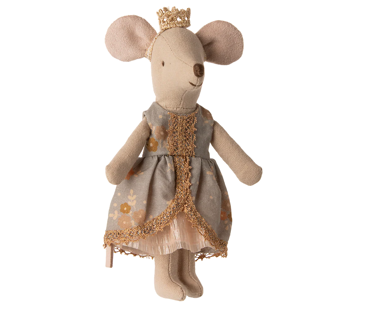 Stuffed mouse toy dressed as a princess with a crown on a white background