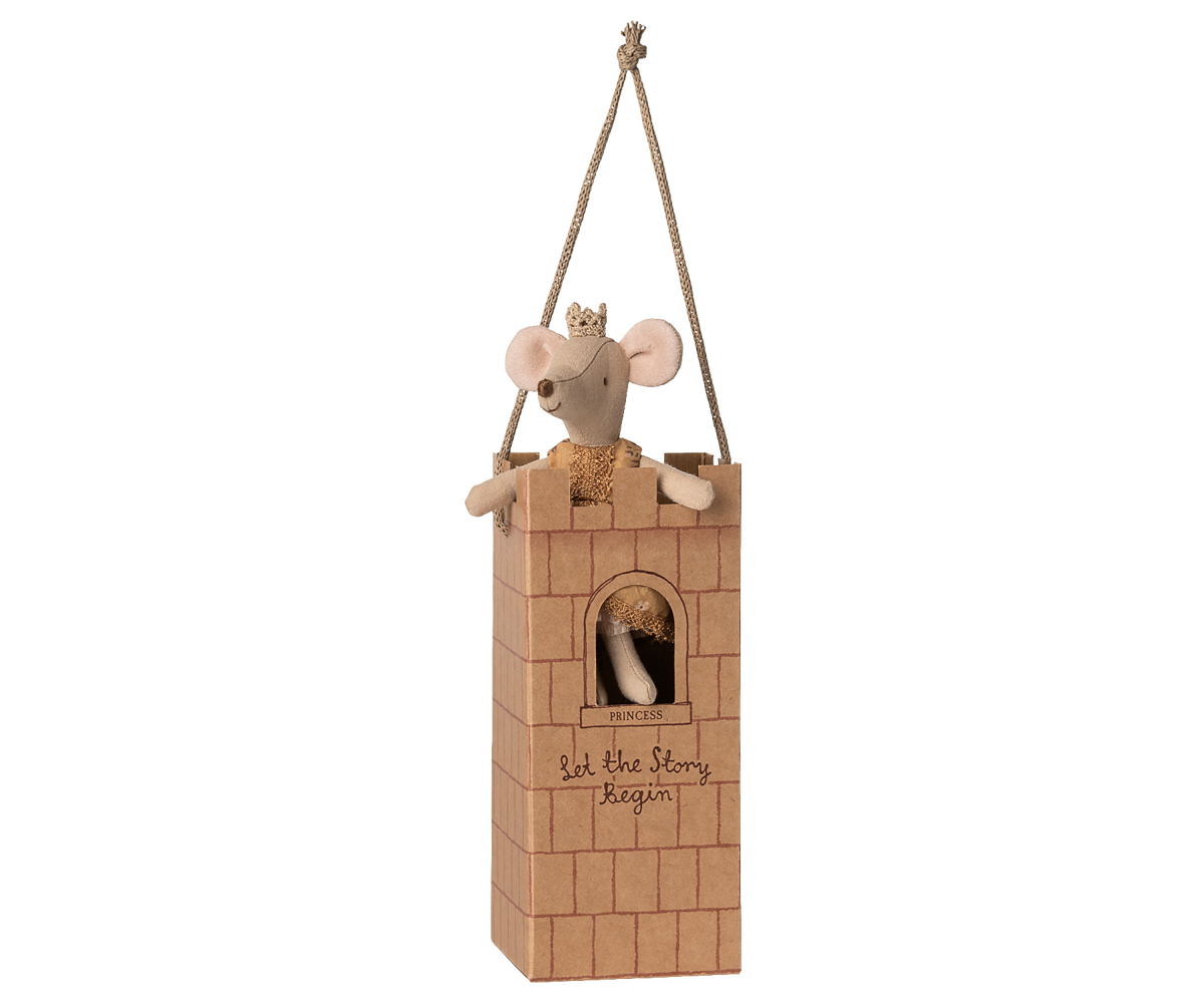 Decorative mouse in a wooden box with a rope, on a white background