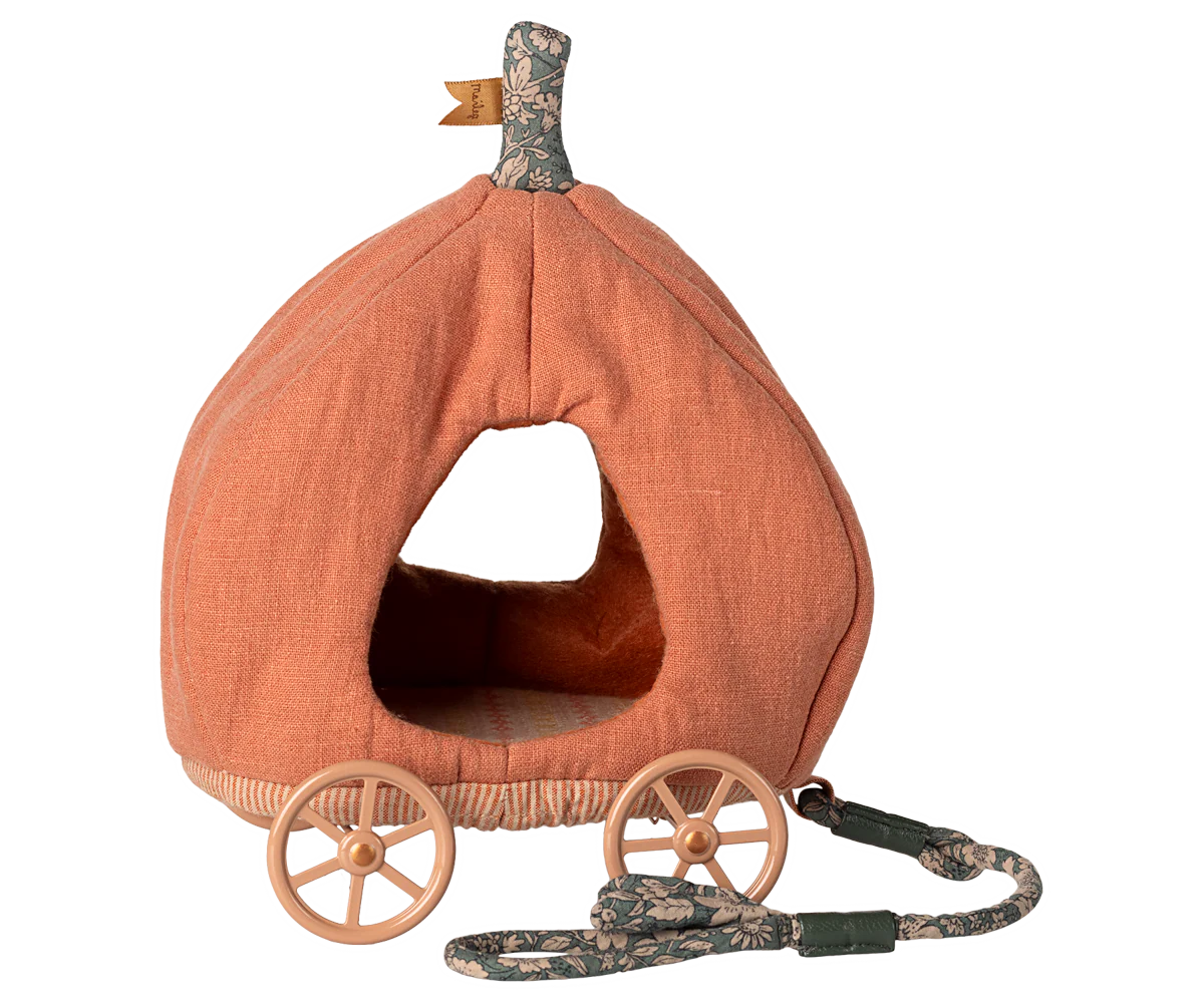 Pumpkin-shaped carriage for maileg mice a wheels and a handle on a white background