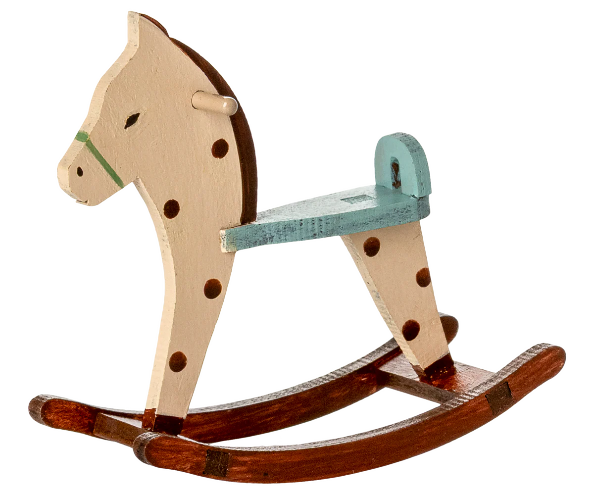 miniature Maileg Wooden rocking horse for dolls houses with a white background