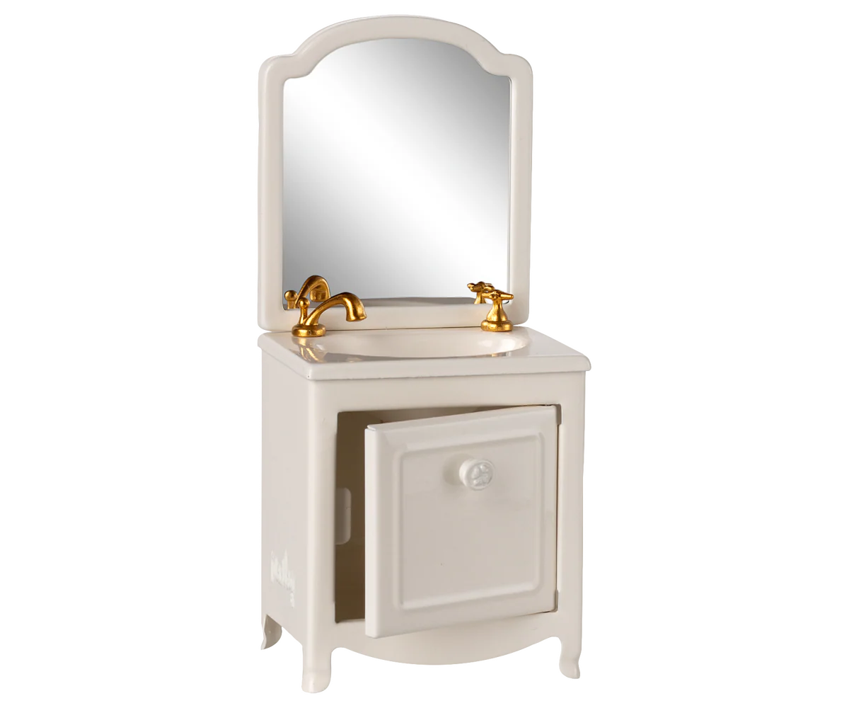 Maileg dolls house Bathroom vanity with mirror and gold fixtures on a white background