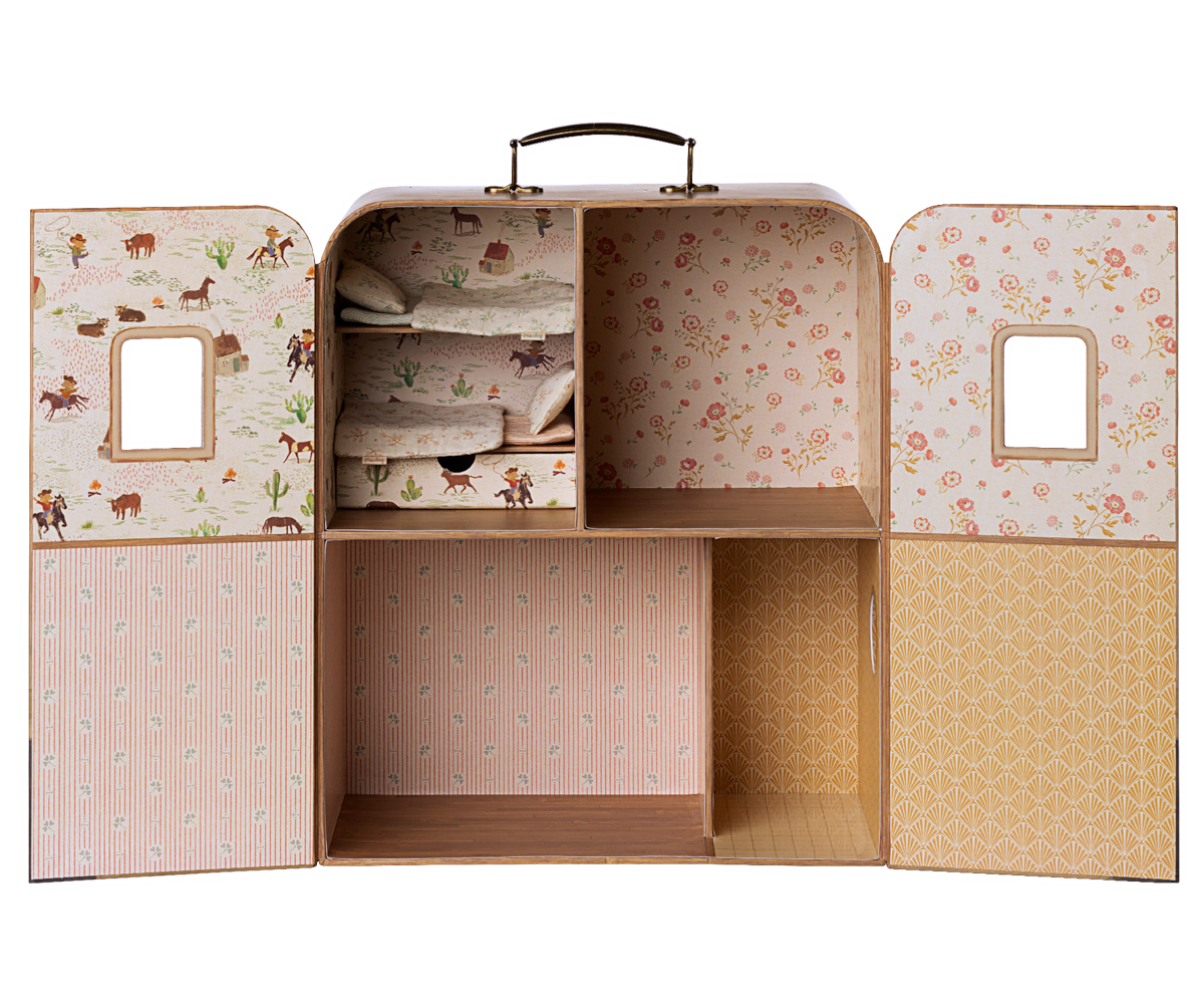 MAILEG suitcase dolls house with patterned interior on a white background