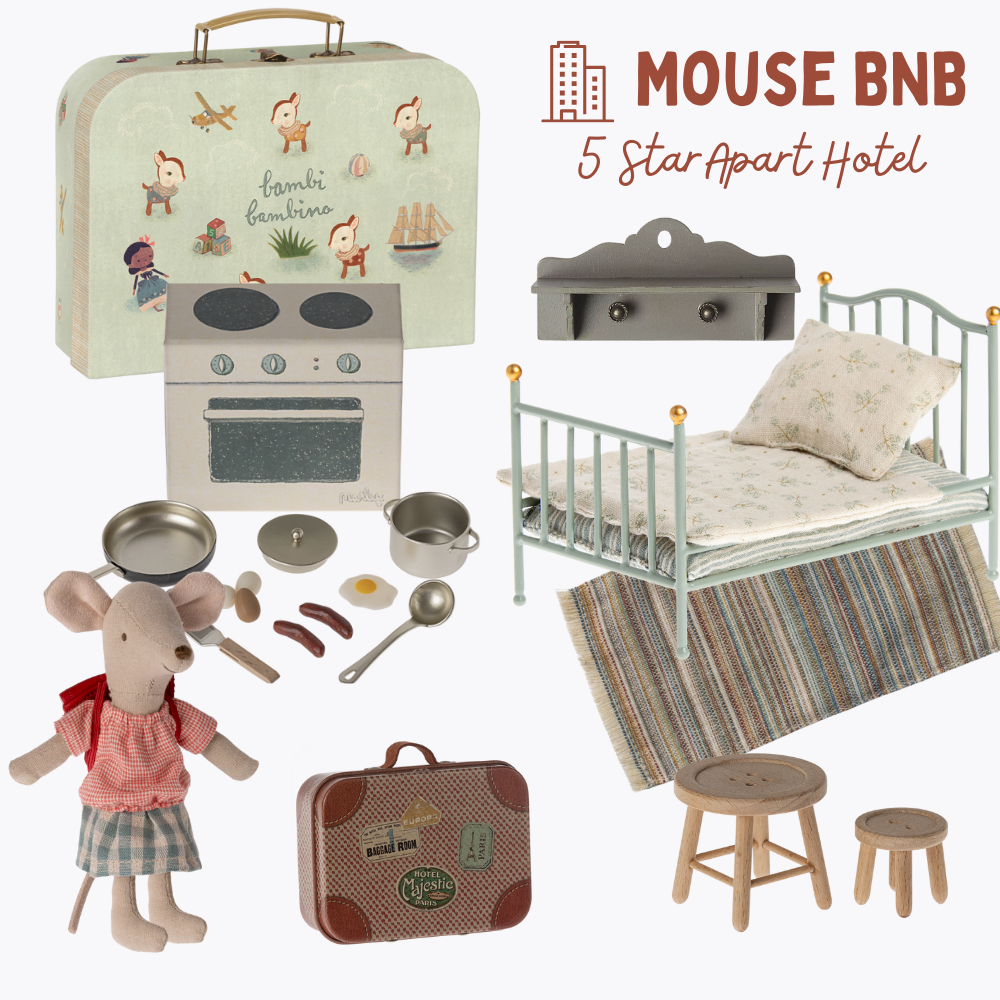 Collage of toy furniture and accessories with a suitcase, stove, bed, and mouse figure, featuring 'Mouse BNB' branding.