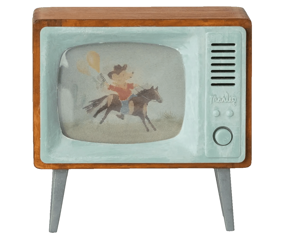 Maileg toy dolls house Vintage-style television with a cartoon of a boy riding a horse on the screen.