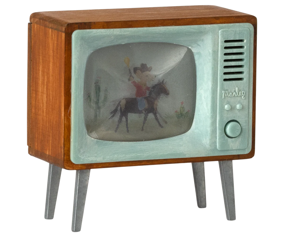 Maileg toy dolls house Vintage-style television with a cowboy on horseback on the screen