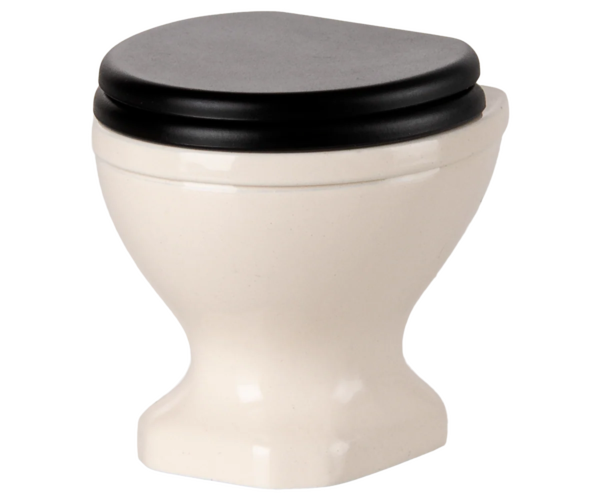 Maileg toy White toilet bowl with a black lid on a white background
