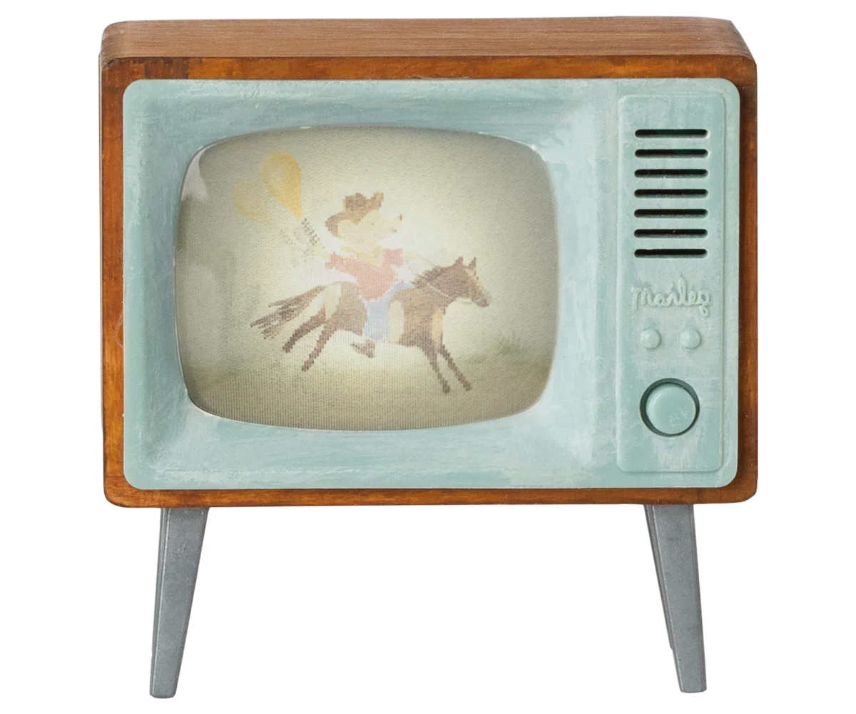 Maileg toy dolls house Vintage-style television with a cowboy on horseback on the screen