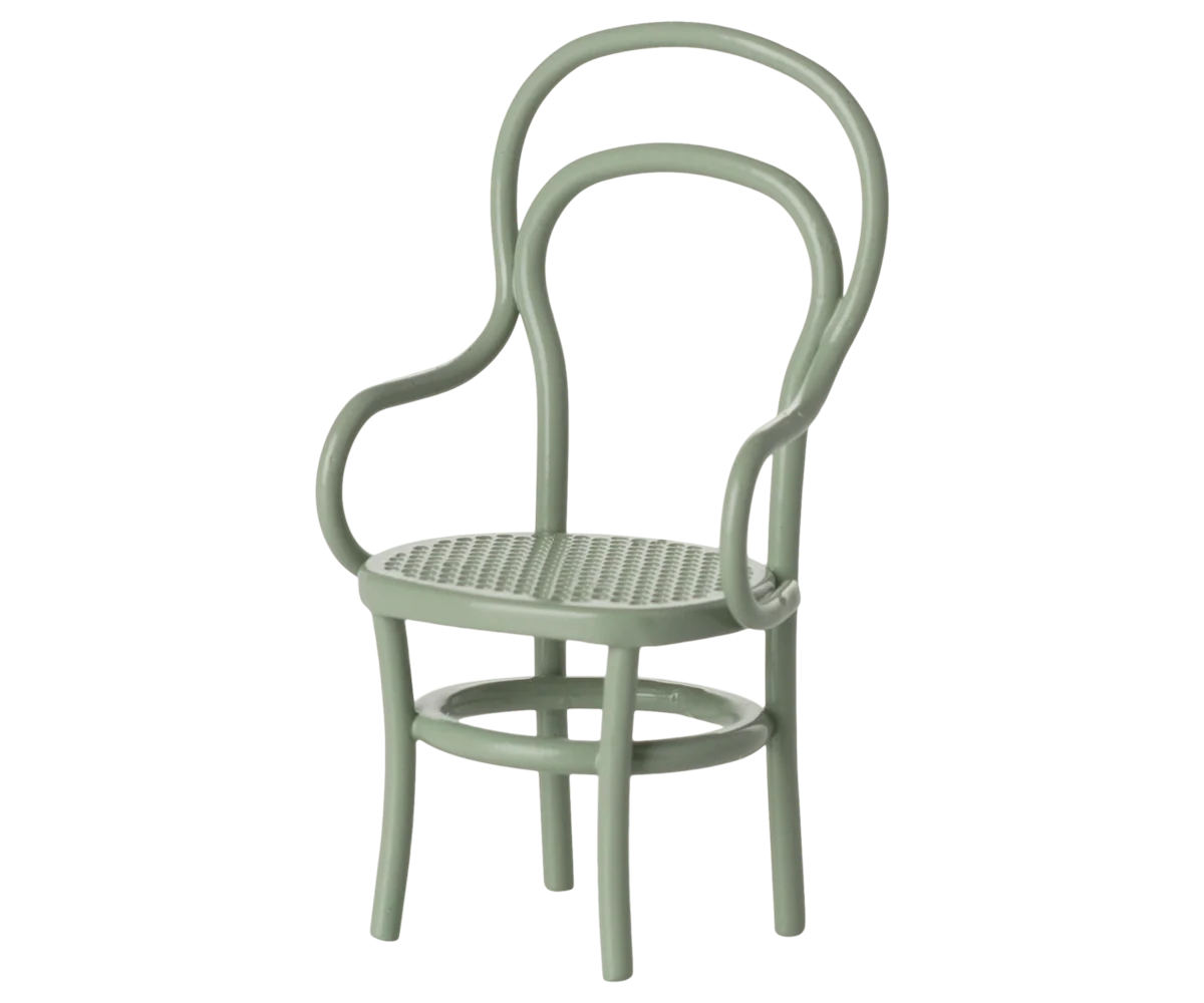 Maileg miniature mint chair with a woven seat on a white background