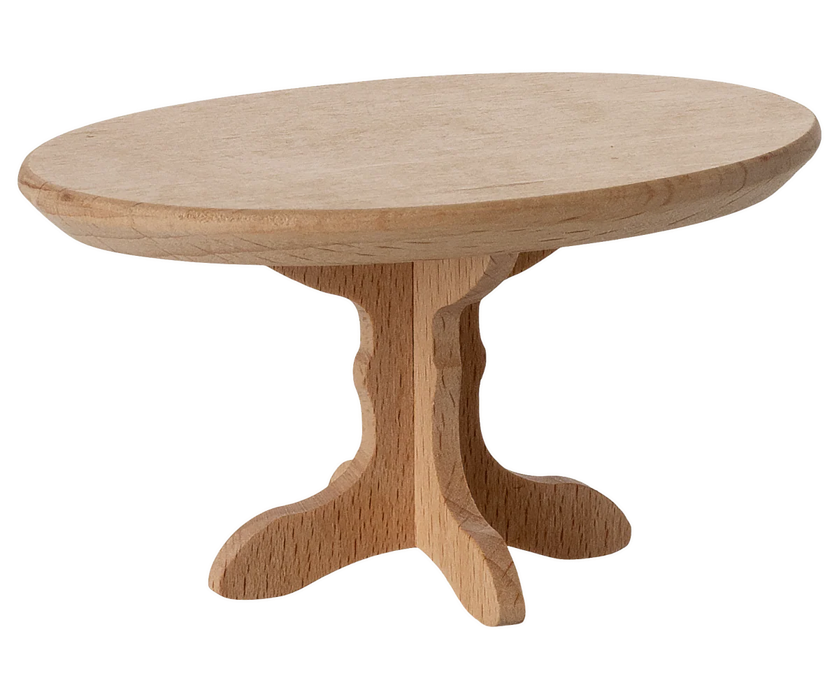Maileg toy miniature Wooden round table with a pedestal base on a white background