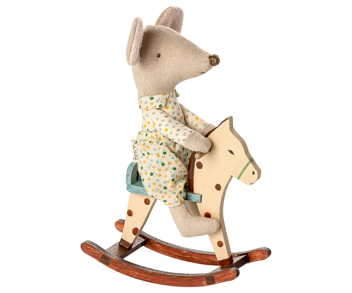 miniature Maileg Wooden rocking horse with a little brother mice for dolls houses with a white background