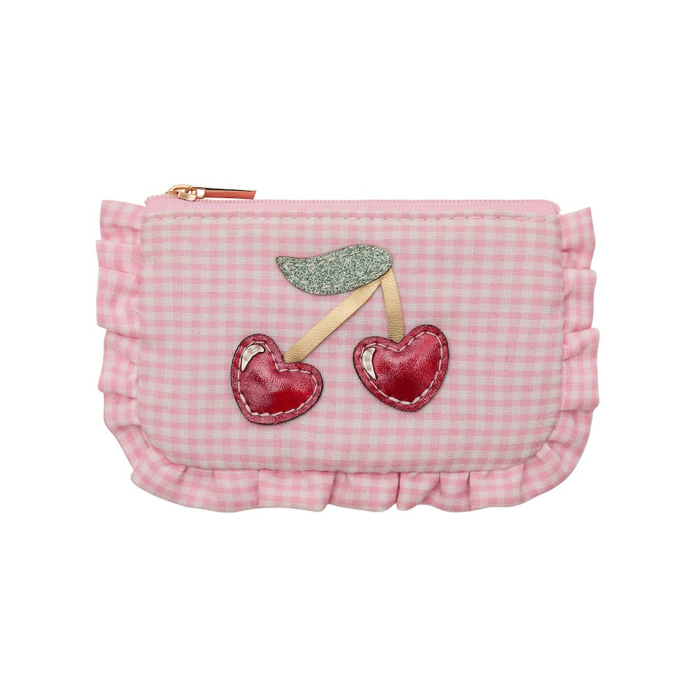 childs purse made of pink gingham check fabric decorated with a heart cherry motif