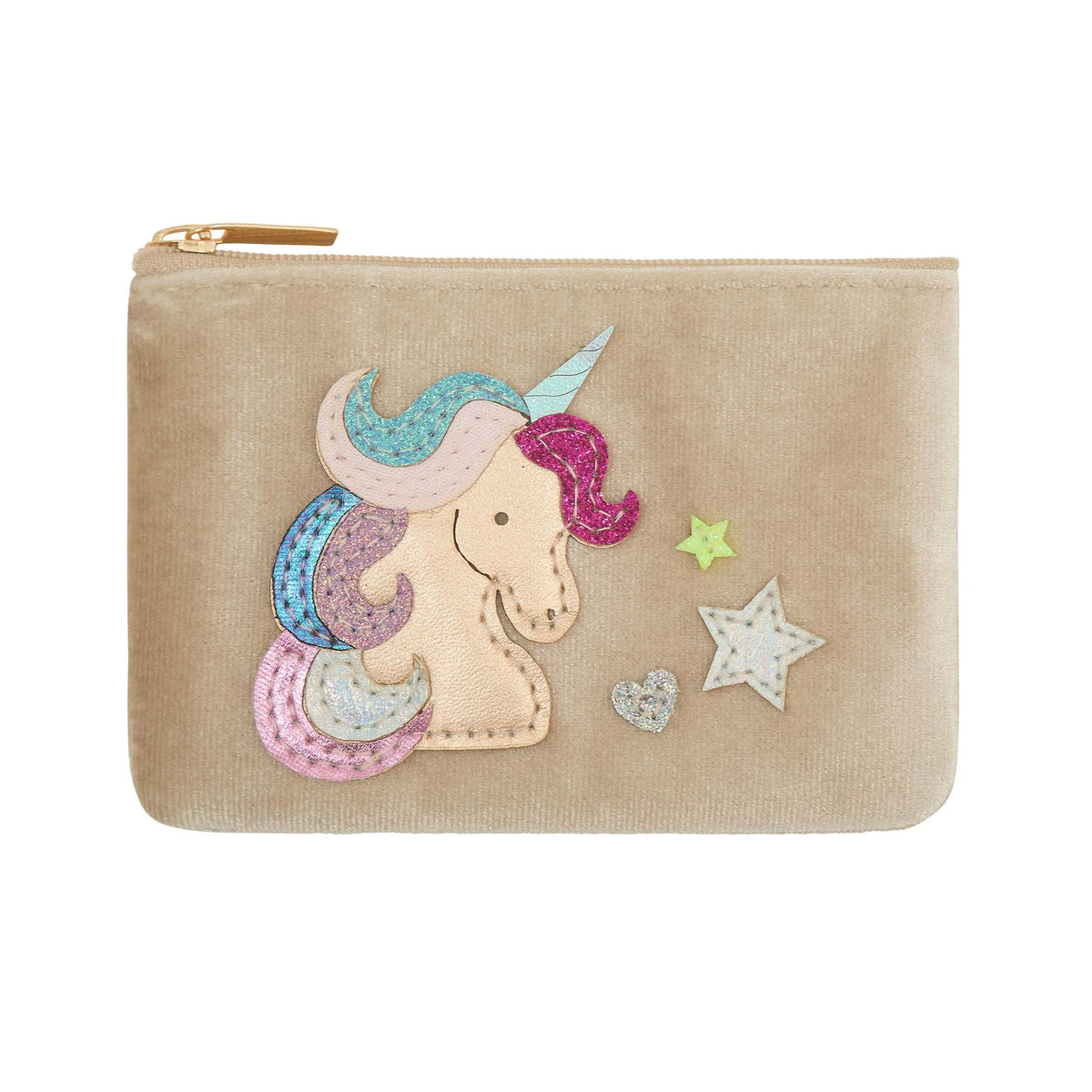 Beige pouch with a unicorn design on a white background